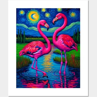 Flamingos in starry night Posters and Art